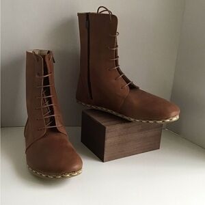 Women’s Handmade Leather Barefoot Grounding High Ankle Boots Copper Rivet Size 9